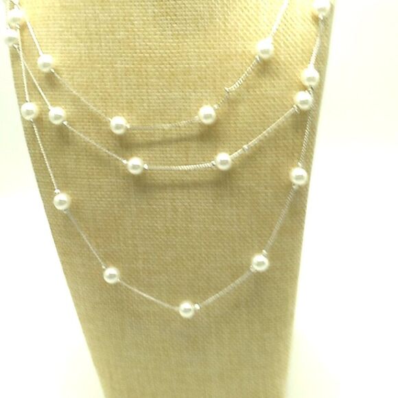 Delicate Tin Cup Faux Pearl Necklace Very Long Silver-tone Thin Chain 73 inches - Picture 2 of 14